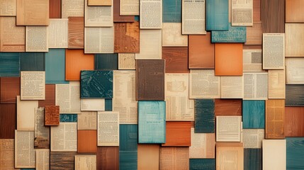 Poster - A vibrant arrangement of various textured papers and wooden panels showcasing a mix of colors and patterns, ideal for creative projects.