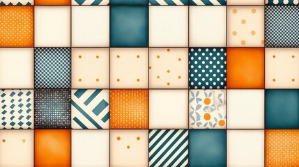 Poster - A vibrant collage of various geometric patterns in orange, blue, and cream tones, perfect for backgrounds, textiles, and design projects.