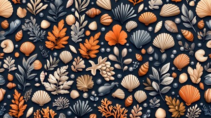 Poster - A vibrant collection of seashells, coral, and leaves arranged beautifully on a dark background, perfect for nature-inspired designs and projects.
