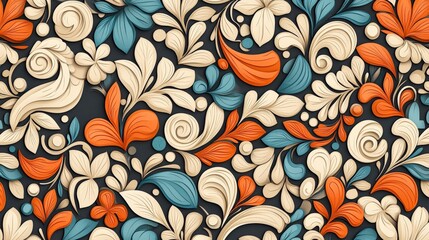 Poster - A vibrant floral pattern featuring intricate swirls, blossoms, and leaves in shades of orange, blue, and cream, perfect for design projects.