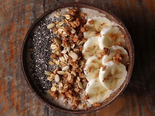 Poster - A delicious and nutritious banana and almond breakfast bowl, topped with seeds for added flavor and texture.