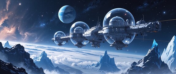 advanced space station with transparent domes icy blue planet and distant stars soft nebula haze ill
