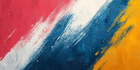 Poster - Bold and vibrant abstract texture showcasing brush strokes in red, blue, yellow, and white colors on a canvas