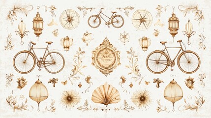 Poster - A vintage-style illustration featuring bicycles, ornate decorations, and intricate patterns in warm tones, perfect for design projects or creative inspiration.