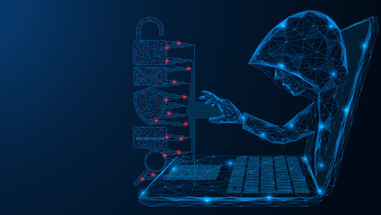 hacker in a hood gets access to user data from a laptop screen. a polygonal drawing of interconnecte