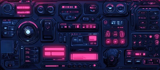 Poster - Control panel design with futuristic aesthetics and neon lights in a dark setting