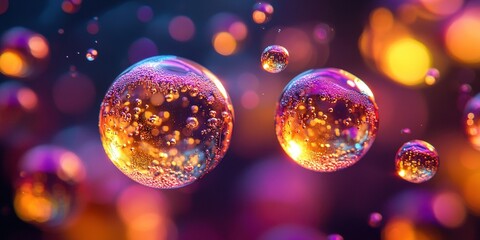 Poster - Colorful bubbles suspended in the air create a mesmerizing display of light and color against a vibrant background