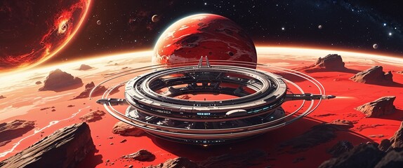 Wall Mural - Compact futuristic station with multilayer rings red rocky planet with visible terrain faroff galaxy glow illustration background design
