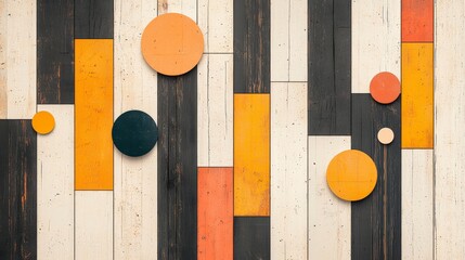 Poster - Abstract wooden texture with colorful circular and rectangular shapes, creating a modern and artistic design. Ideal for backgrounds and creative projects.