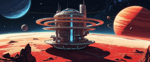 Compact futuristic station with multilayer rings red rocky planet with visible terrain faroff galaxy glow illustration background design