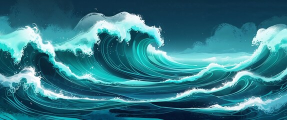 cool teal and turquoise waves blending into a deep blue ocean soft mist effect illustration backgrou