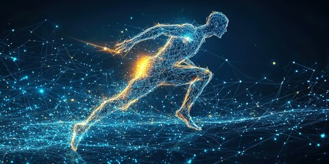 Poster - Dynamic representation of a runner in a futuristic environment using glowing lines and digital elements