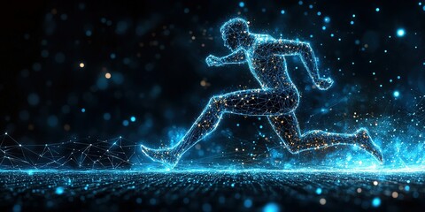 Poster - Dynamic figure of a runner captured in a futuristic digital art style showcasing speed and energy