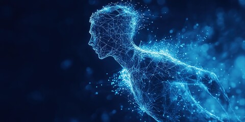 Fototapete - Digital representation of a human figure in motion, showcasing data visualization and cybernetic elements in a dark background