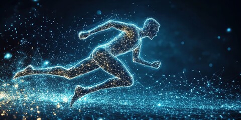 Poster - Digital representation of a runner sprinting through a network of glowing connections in a futuristic environment