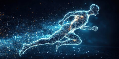 Poster - Fast runner in glowing digital form racing through an abstract starry background