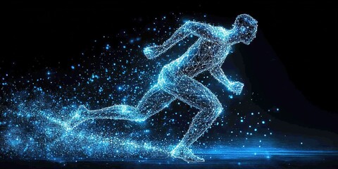 Poster - Digital representation of a runner in a futuristic style emphasizing speed and motion in a dark environment