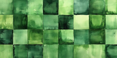 Poster - Colorful green watercolor abstract artwork arranged in a square grid pattern with various shades of green
