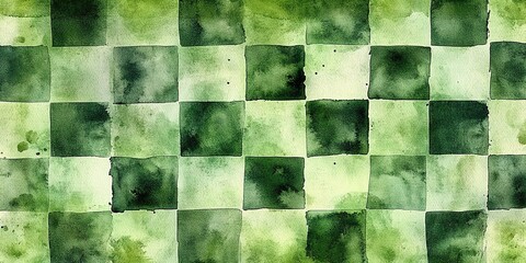 Poster - Green watercolor checkerboard pattern on textured background with various shades of green