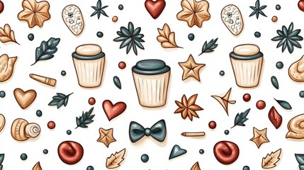 Poster - Colorful and whimsical pattern featuring various objects like cups, leaves, bows, and decorative shapes, perfect for creative projects and designs.