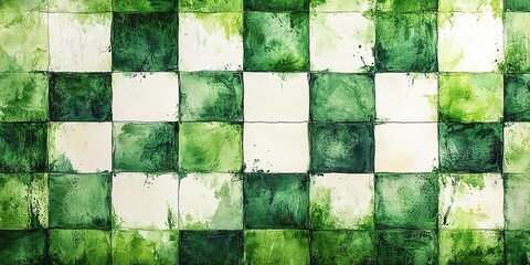 Poster - Green and white checkered pattern with watercolor texture in various shades creating a vibrant backdrop