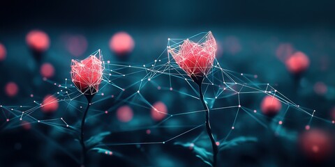 Poster - Digital roses bloom in a futuristic garden with a cosmic ambiance at twilight