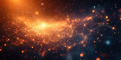Poster - Colorful cosmic background showcasing glowing particles and light trails in a vast, starry space at night