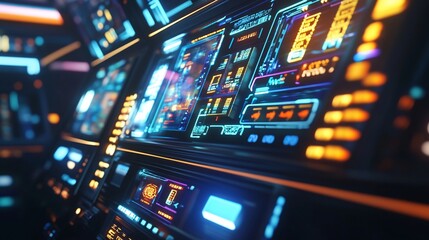 Poster - Futuristic spaceship control panel with glowing screens and colorful interfaces