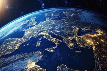 europe nightlights space view, earth's glow, city lights, cosmos background, global concept