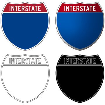 American road sign for an Interstate, in colour, gradient, black and white and white and black versions, isolated on a white or transparent background