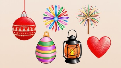 Wall Mural - Festive Holiday Symbols Christmas Ornament Easter Egg Fireworks Lantern Heart