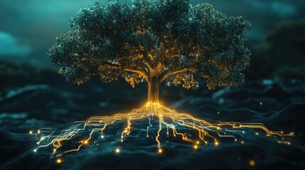 Poster - A tree with roots of gears and circuits glowing faintly, symbolizing leadership connecting the past with the future through innovation