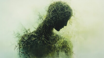 Leinwandbilder - Abstract art of vinelike lines enveloping a human figure, blending soft green tones with nature textures