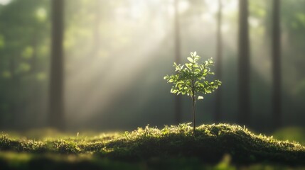 Wall Mural - Sunrise illuminates a small sapling growing in a mossy forest clearing.