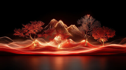 Poster - glowing landscape featuring red and gold trees, mountains, and flowing light waves creates serene and enchanting atmosphere