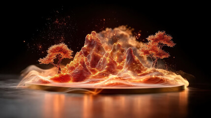 Poster - glowing landscape featuring vibrant red and gold mountains, surrounded by wispy clouds and trees, creating mystical atmosphere