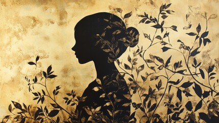 Poster - Nature-inspired silhouette blending into organic patterns of leaves and vines, evoking calm and balance