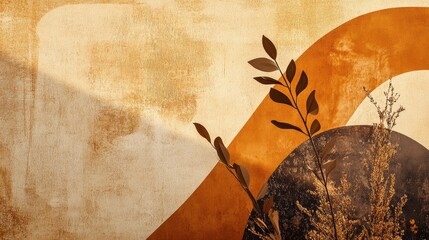 Fototapete - Silhouette infused with organic shapes and textures in brown and ochre tones, exuding natural elegance