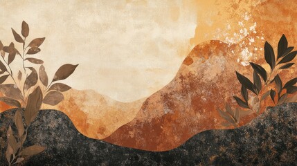 Fototapete - Silhouette infused with organic shapes and textures in brown and ochre tones, exuding natural elegance