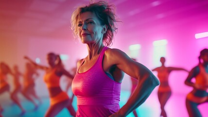 Wall Mural - mature female adults with silver hair doing sports indoors. middle-aged cheerful women having fun at zumba dancing or aerobics class. Athletic training and bodies in old age