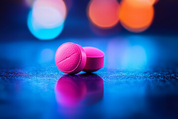 Wall Mural - Extacy Pills With Police Light Bokeh