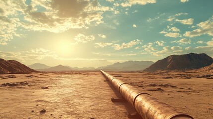 Poster - The contrast of human innovation: a sleek pipeline running through a barren desert under a radiant sunlit sky.