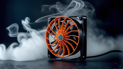 Poster - Black fan with orange blades is sitting on a table
