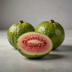 Wall Mural - Fresh guava and guava pieces on white background