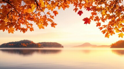 Wall Mural - Autumn Floral Frame with Orange and Gold Leaves Over Calm Water