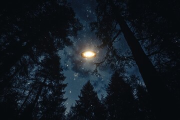 Wall Mural - a serene nighttime scene of a forest with tall trees and the moonlit sky above.