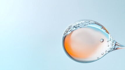 Wall Mural - close up view of water droplet with soft gradient background, showcasing clarity and reflections. droplet contains hint of orange, creating serene and calming effect