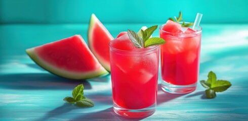 Wall Mural - Watermelon juice with ice cubes and mint in galss placed on a table