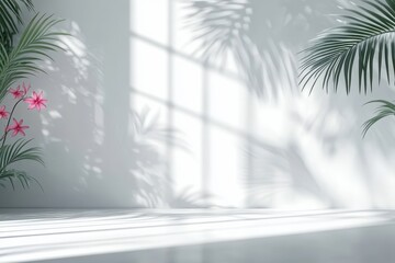 Wall Mural - Sunlight streams through window onto white room with tropical plants, ideal for product display