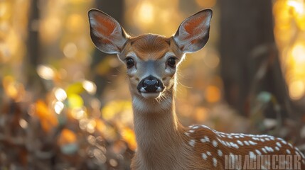 Wall Mural - A detailed close up of a young deer with its brown fur and white spots in a forest
